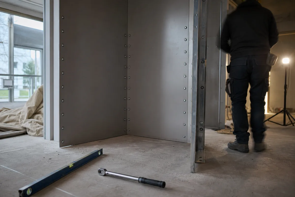 Paroi modulaire blindée en cours de montage dans un local commercial, panneaux acier boulonnés et sol béton