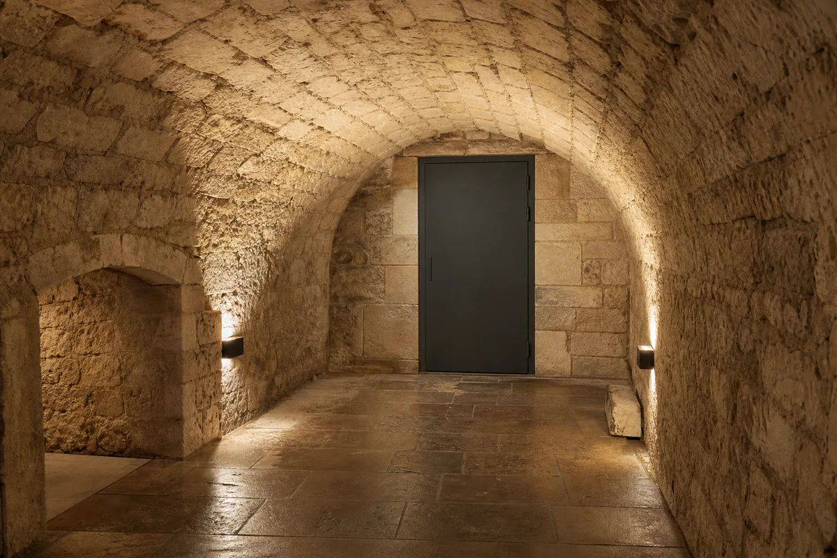 Cave voûtée ancienne en pierre avec une porte blindée fermée, éclairage sobre et sol dallé