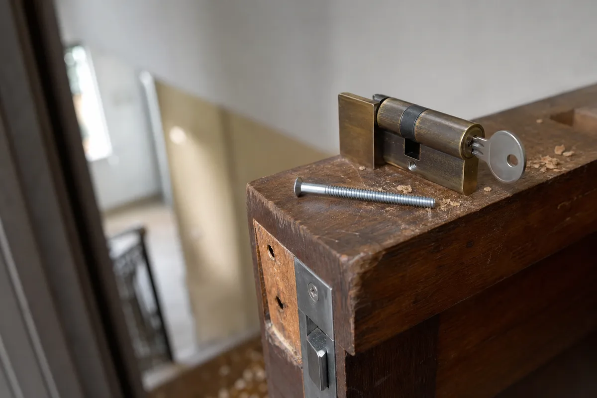 Cylindre européen déposé devant une porte d&rsquo;entrée, clé engagée et vis de fixation visible