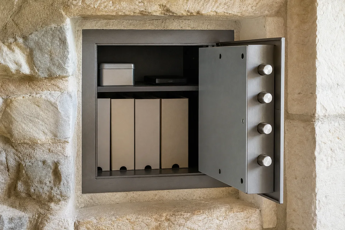 Coffre-fort encastré ouvert dans un mur ancien, documents et boîtiers à l’intérieur, lumière naturelle latérale