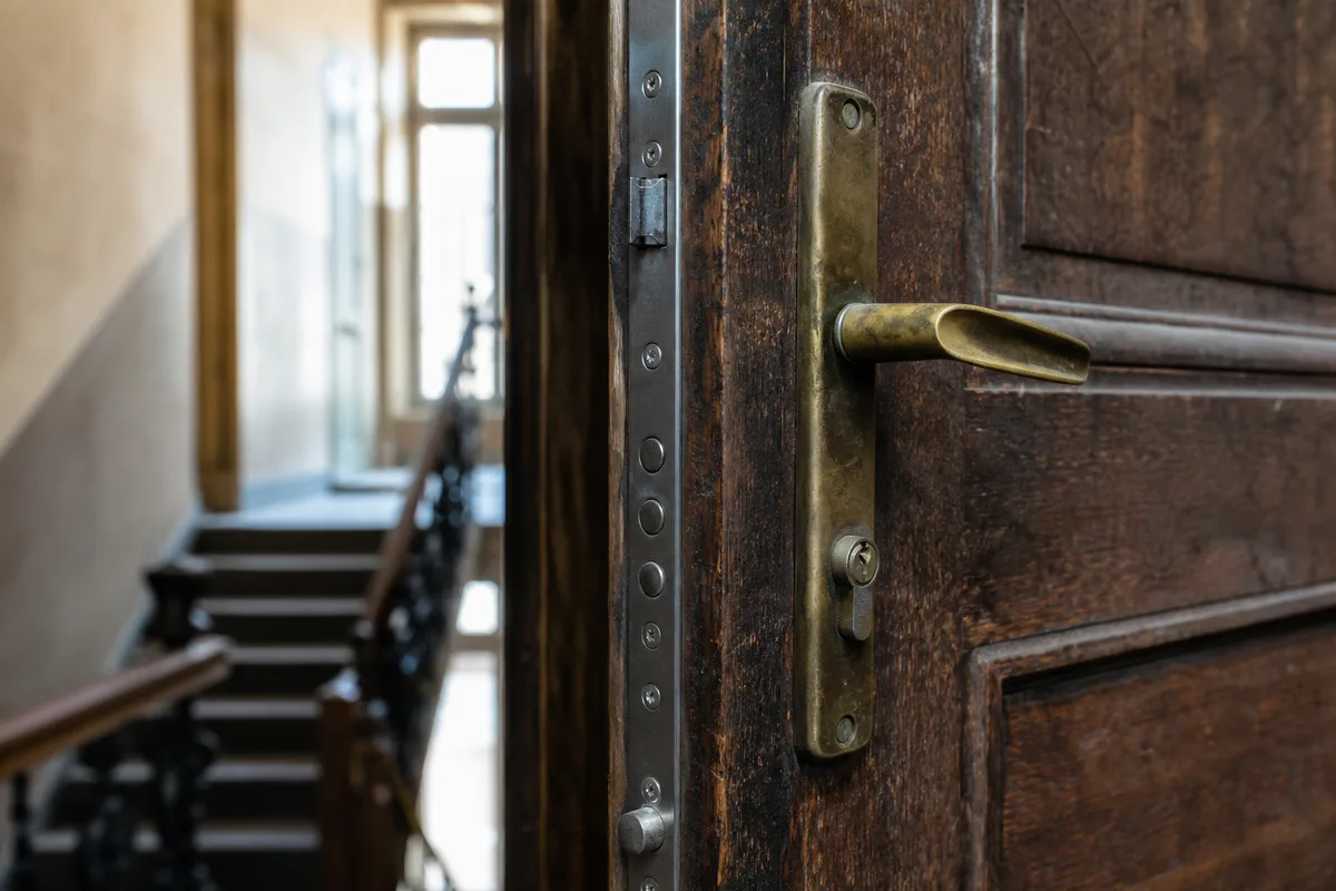 Serrure multipoints d’une porte d’entrée en bois massif éclairée par la lumière d’un palier d’immeuble ancien