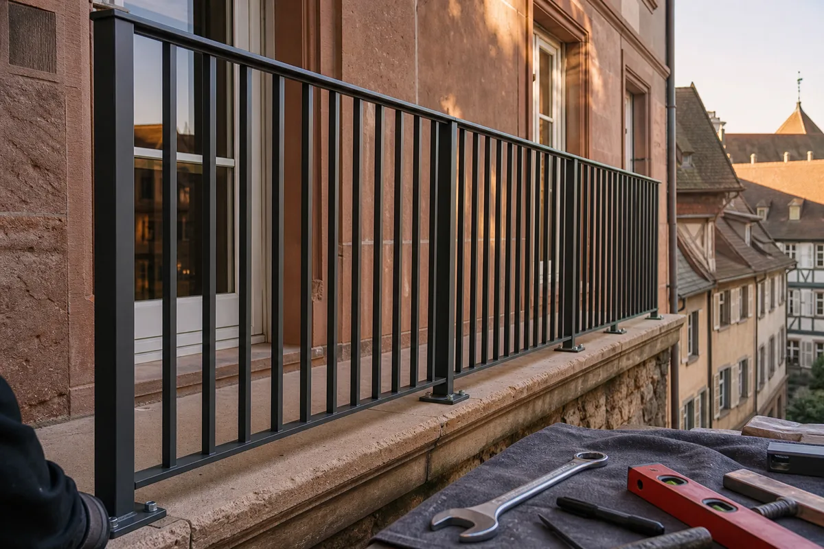 Garde-corps en aluminium fixé sur un balcon d&rsquo;immeuble ancien, remplissage à barreaudage vertical, lumière rasante de fin de journée