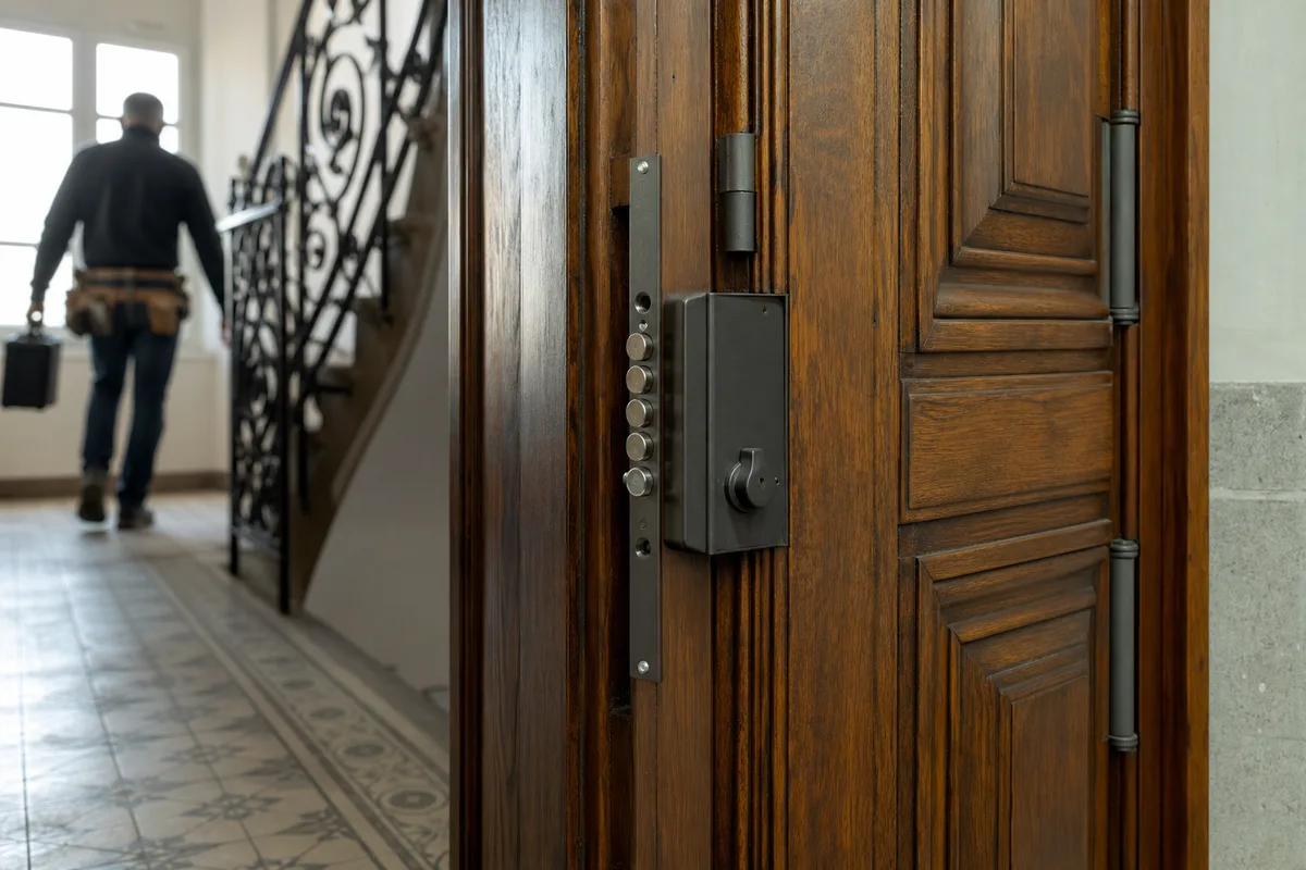 Porte d’immeuble ancienne en bois massif sur un palier alsacien, serrure multipoints visible en applique