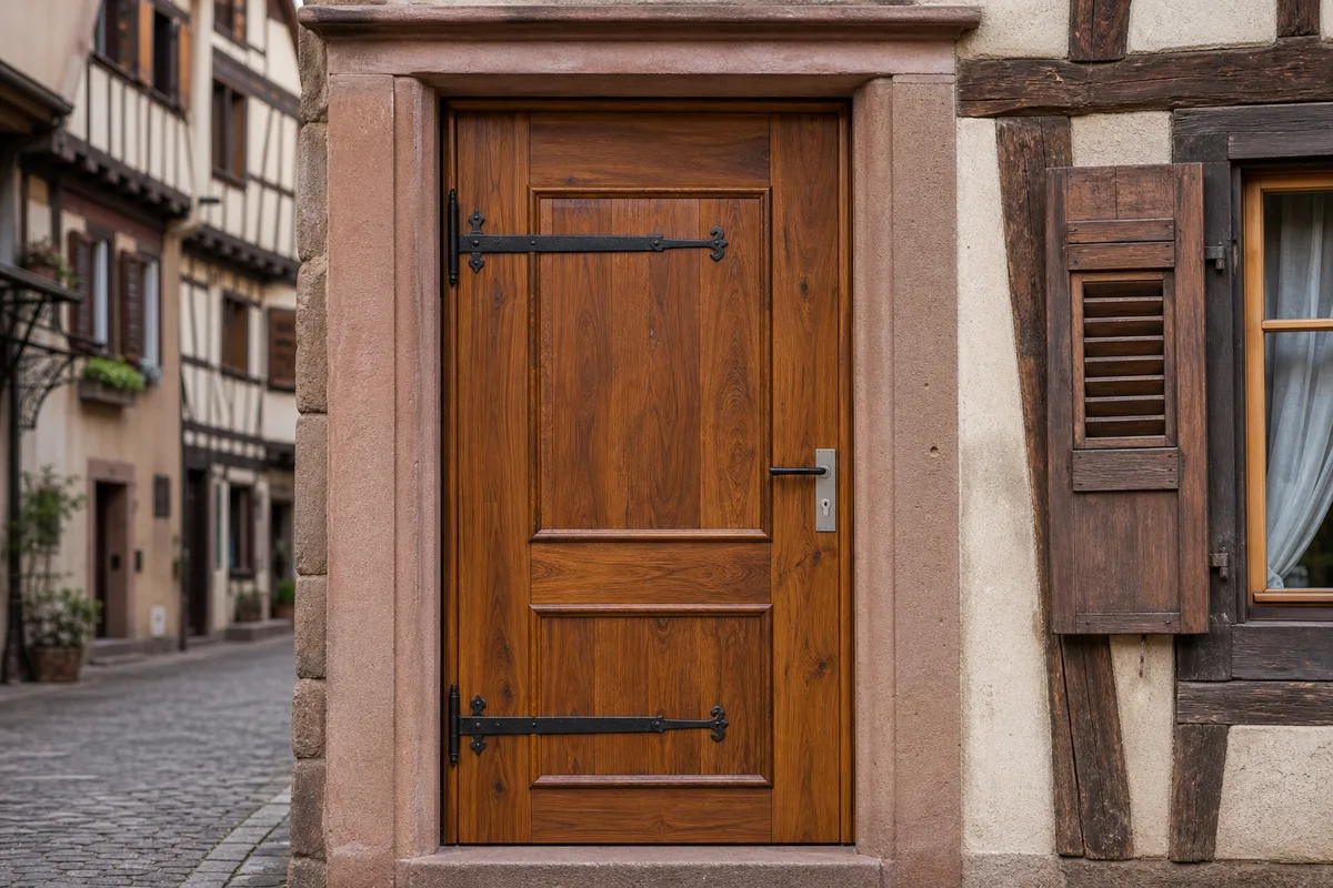 Porte d’immeuble alsacienne en bois massif avec sa serrure encastrée neuve