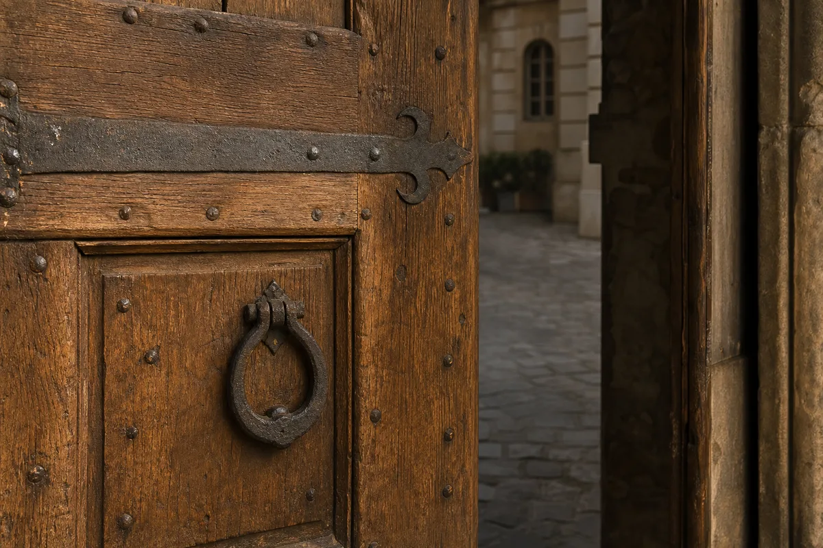 Porte cochère en chêne massif d&rsquo;un immeuble ancien dijonnais avec ferrures et heurtoir en fonte