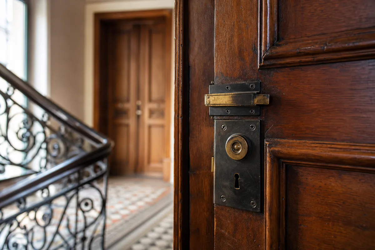 Palier d’immeuble strasbourgeois avec porte en bois massif et serrure encastrée ancienne