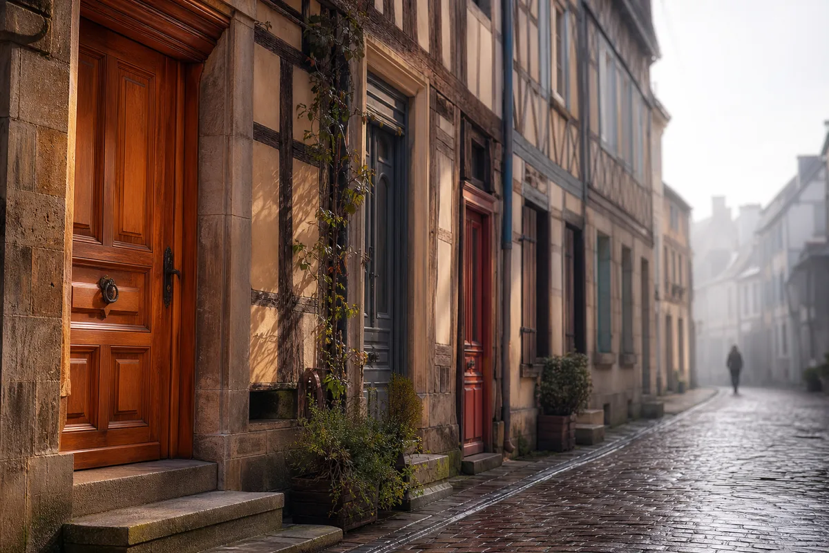 Rue pavée d’un centre ancien alsacien au petit matin, portes d’immeuble en bois massif alignées